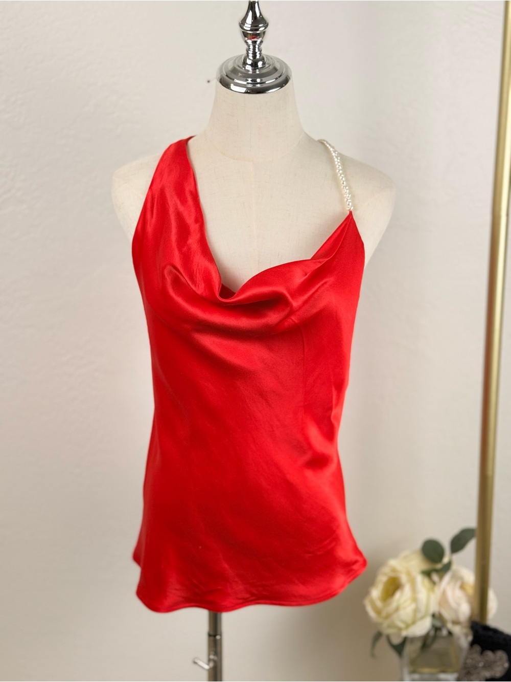 NWT ZARA Mob Wife Coquette Red Satin Cowl Neck Pearl Strap Top - L